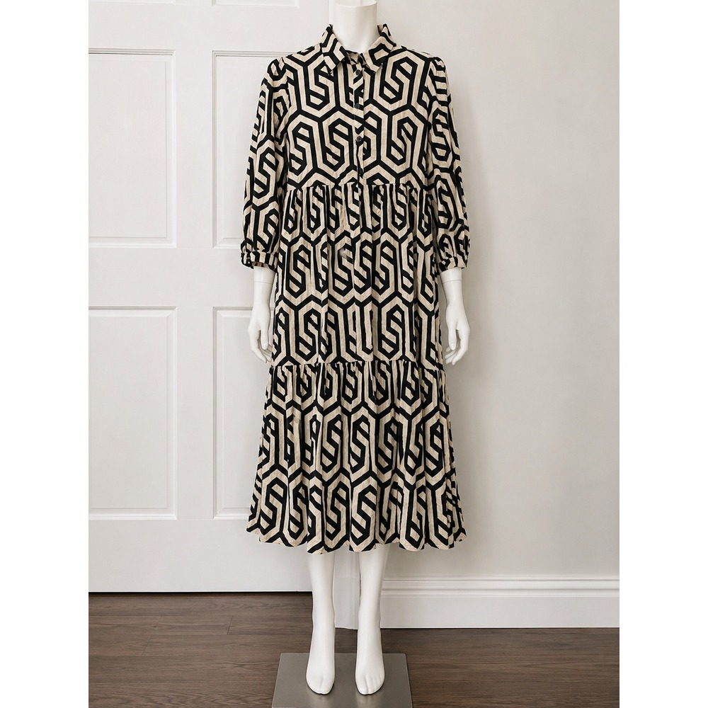 Zara Women Black Cream Geometric Print Tiered Cotton Midi Shirt Dress L Boho